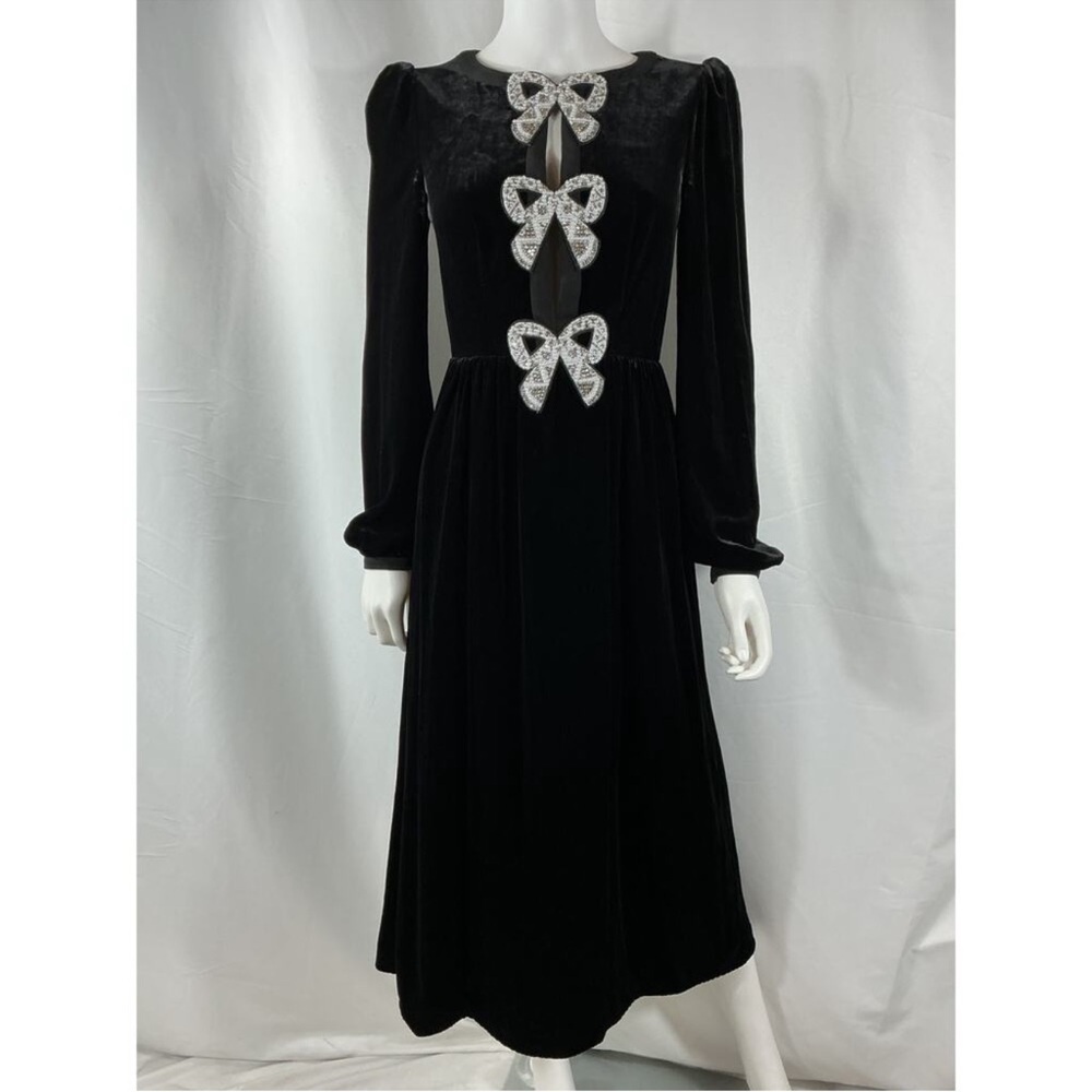 Saloni Camille Bow Velvet Midi Dress Black Embellished Size 2 NWT - Picture 5 of 9